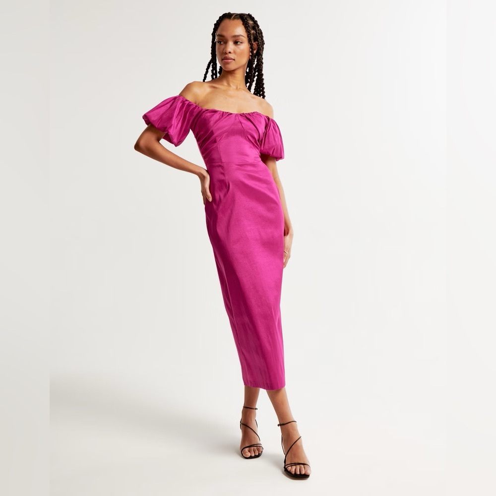 Abercrombie & Fitch Taffeta Off-The-Shoulder Midi Dress Fuchsia Pink XS NWT - Picture 4 of 14